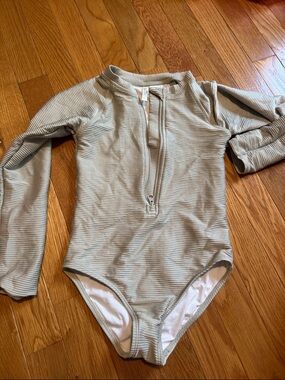 Rylee + Cru Long Sleeve One-Piece Swimsuit - Light Sage Stripe